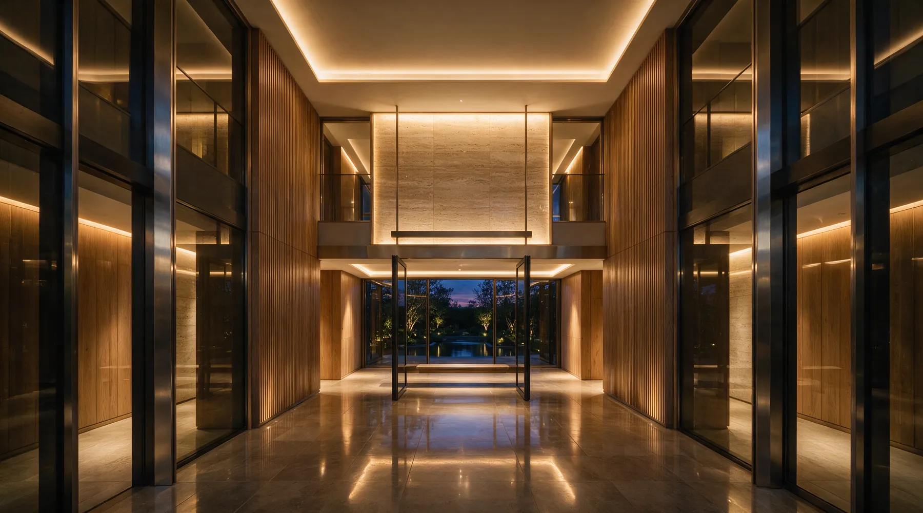 Hall de entrada de condomínio com pé-direito duplo e iluminação embutida acesa.