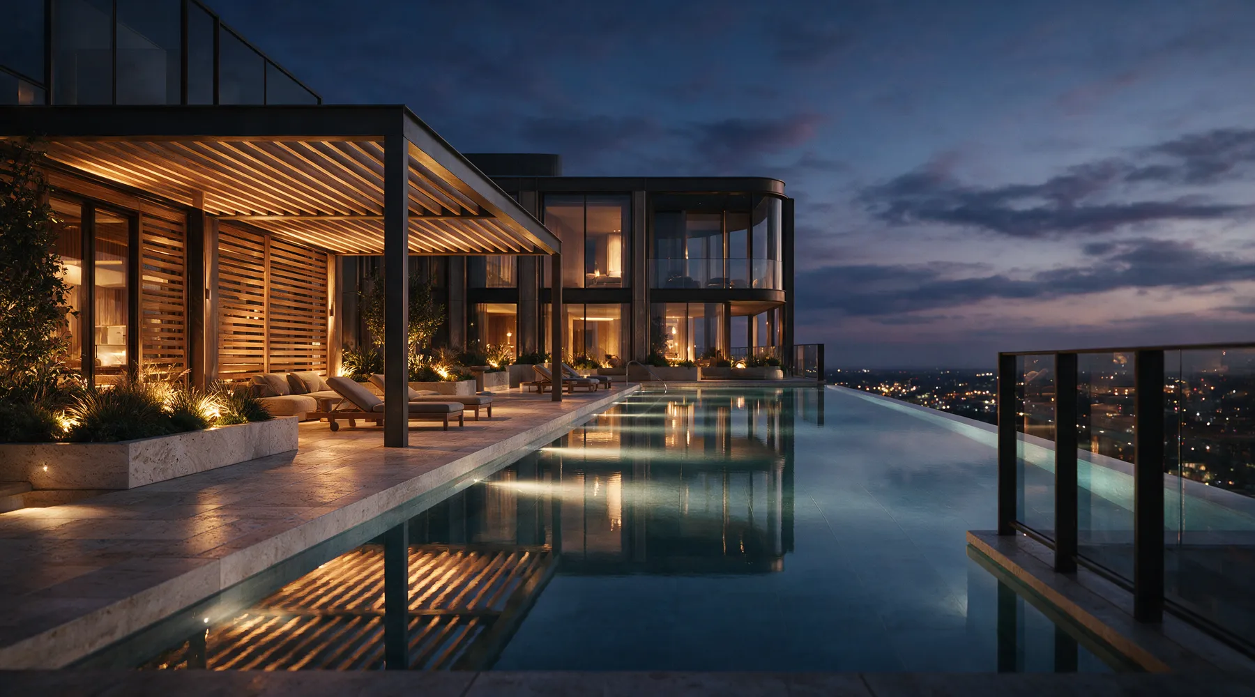 Deck de lazer com piscina de borda infinita iluminada e pergolado de madeira, ao anoitecer.