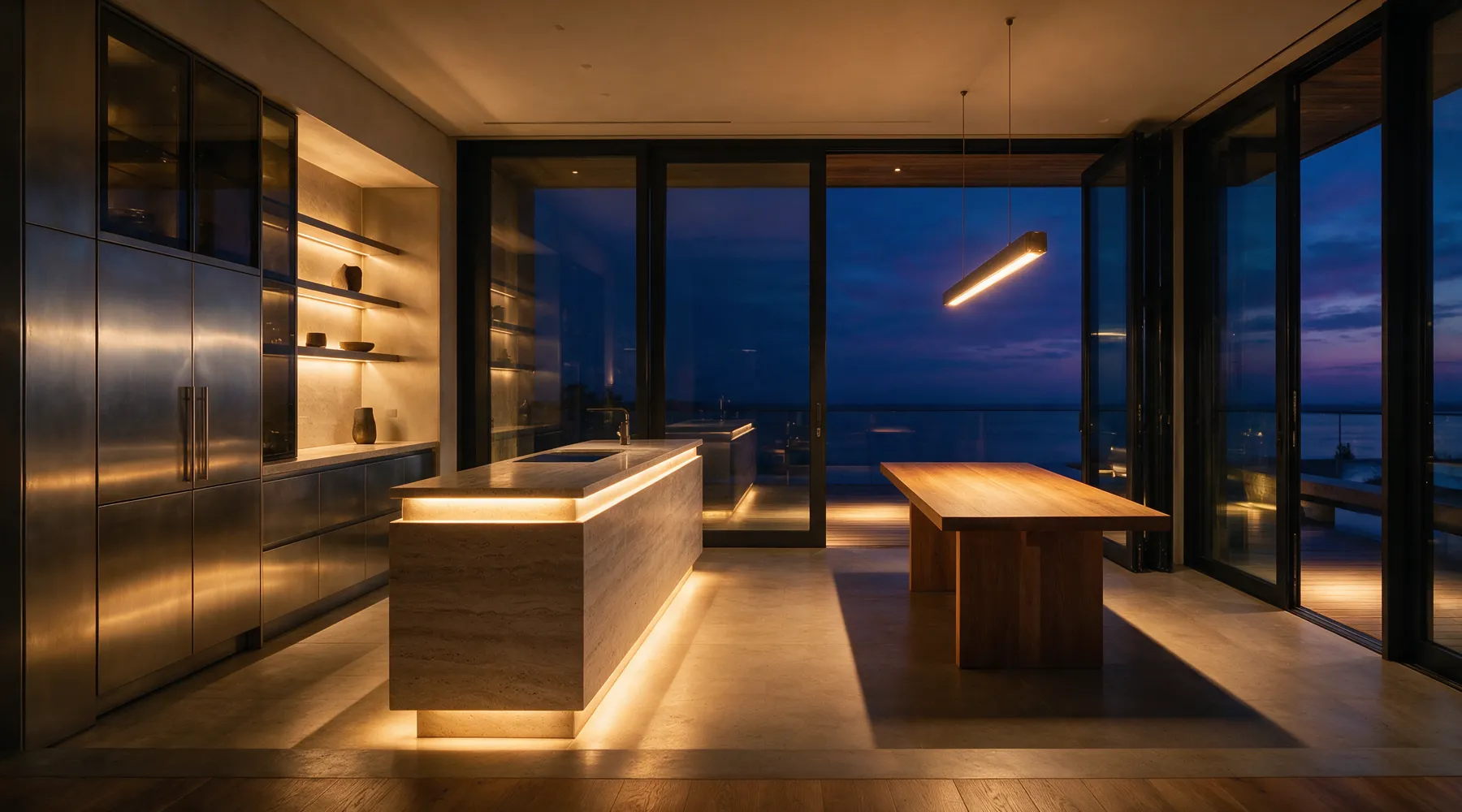 Cozinha e sala de jantar com iluminação de bancada e pendente sobre a mesa, ao anoitecer.