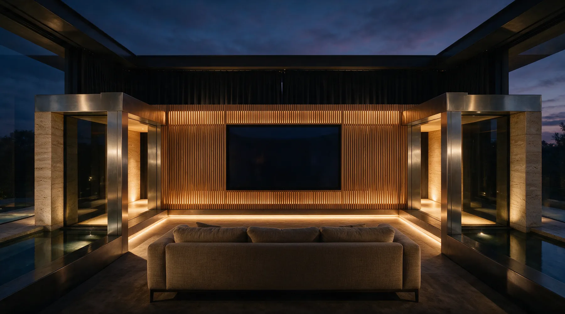 Sala de cinema residencial com parede de ripas de madeira iluminada e cortina blackout fechada.