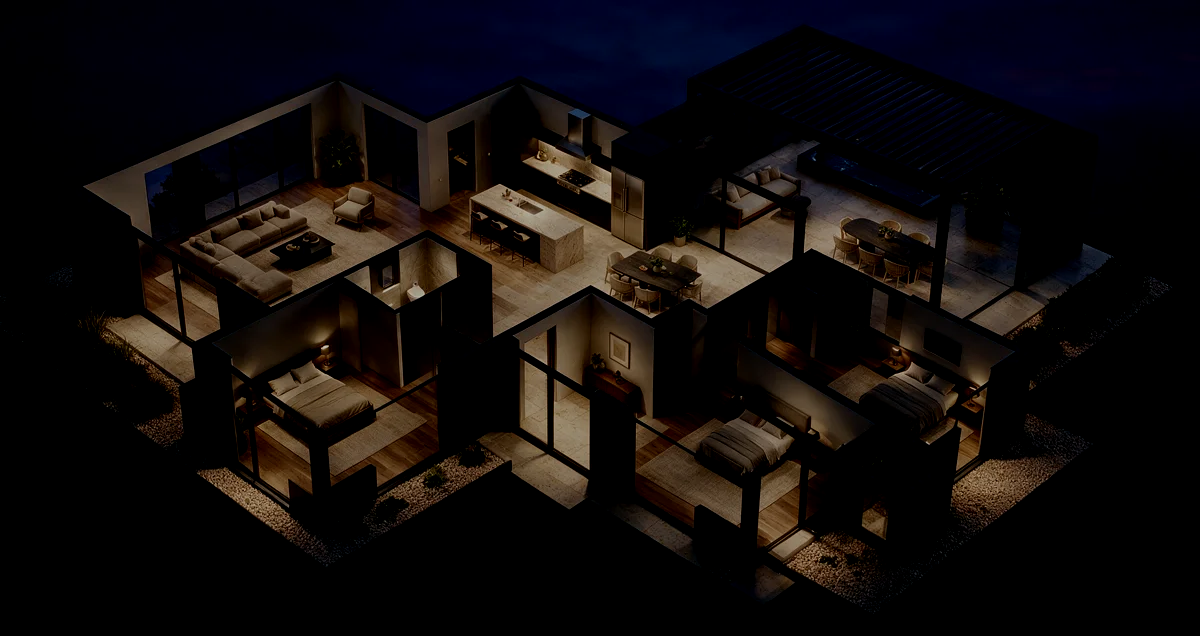Maquete da residência vista de cima, com sala, cozinha, terraço, suíte e dois quartos à vista.