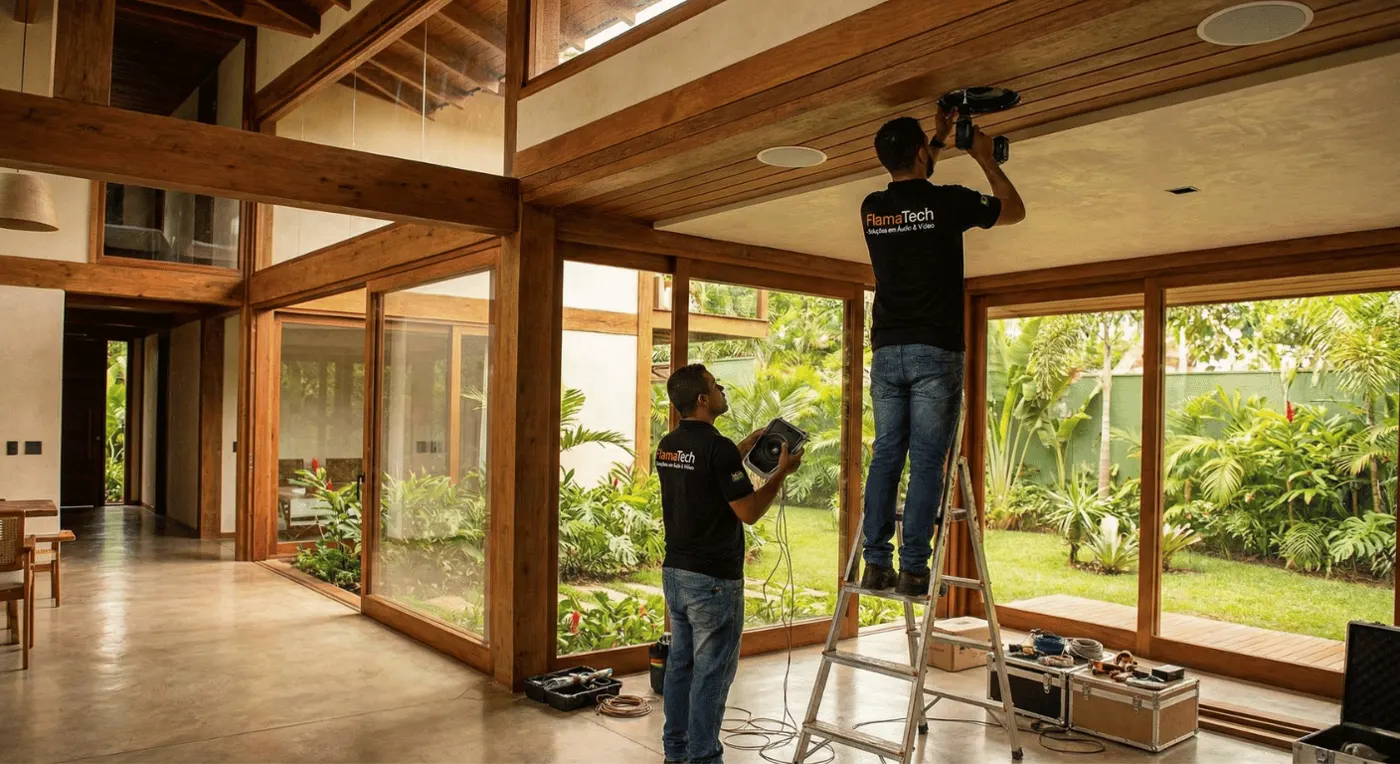 Equipe técnica da FlamaTech instalando um ponto de automação em obra.